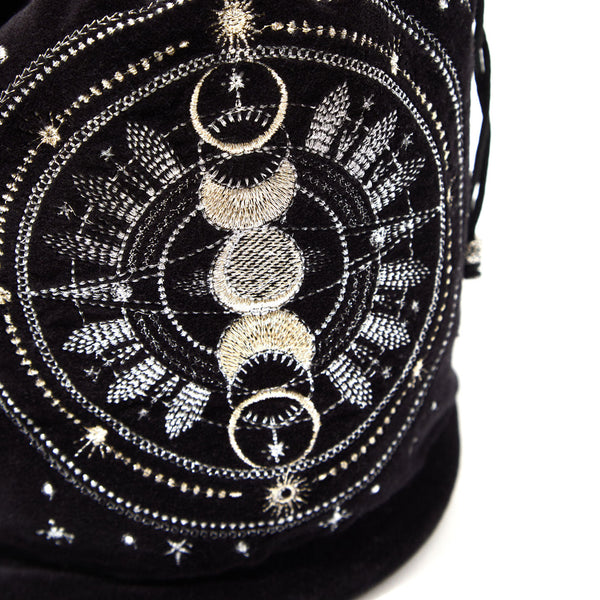 Celestial Sphere embroidered moon phases detail